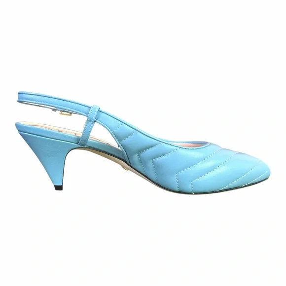 GUCCI Blue Matelasse Slingback Charlotte Heel EU 37 US 7 GG Logo Quilted Kitten